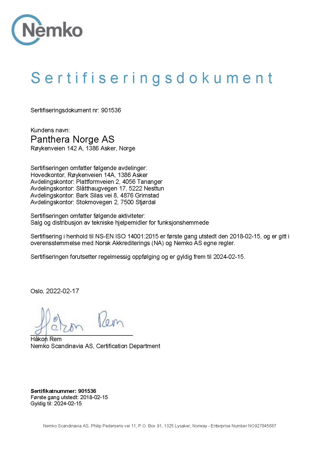 oppdaterte sertifiseringsdokumenter 14001