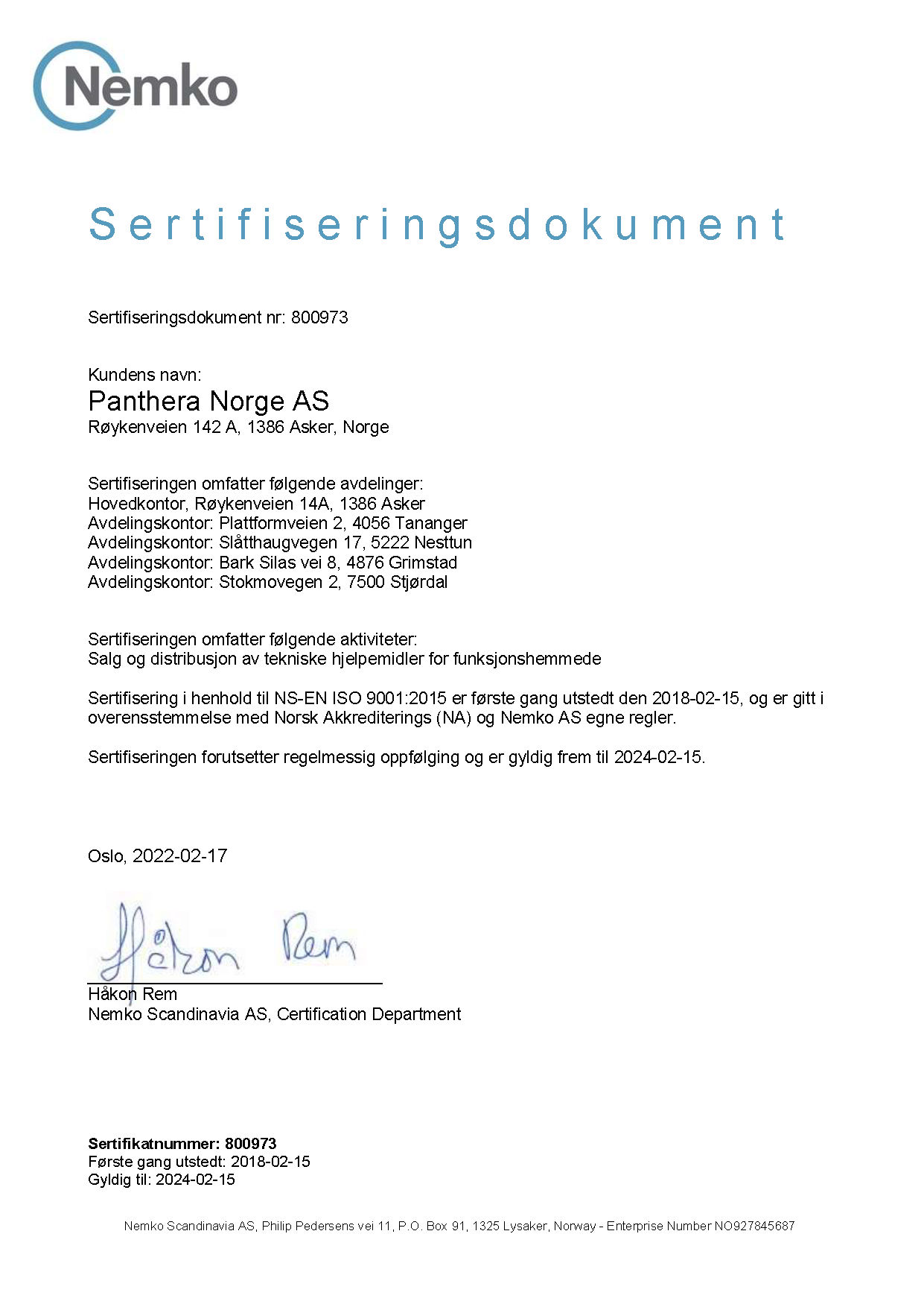oppdaterte sertifiseringsdokumenter 9001